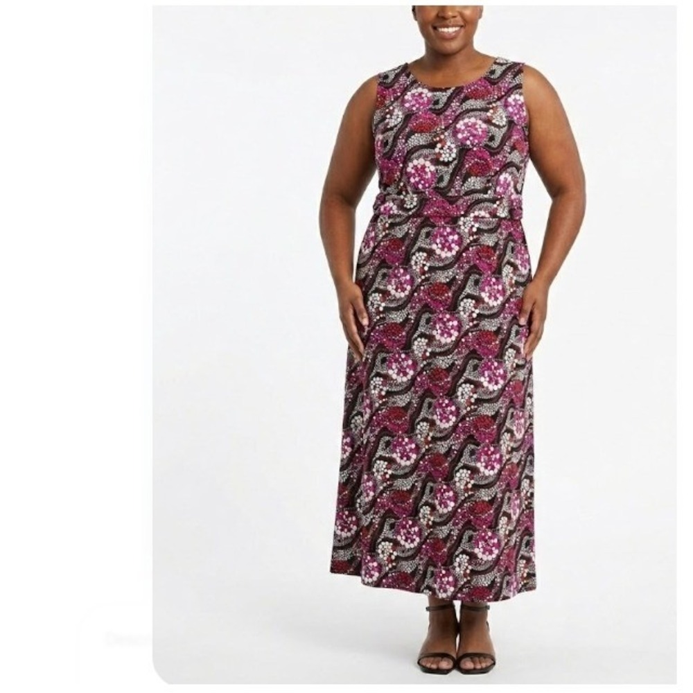 Ashley Stewart Maxi Dress size‎ 26/28 Plus Pink Black Abstract Stretch Comfy